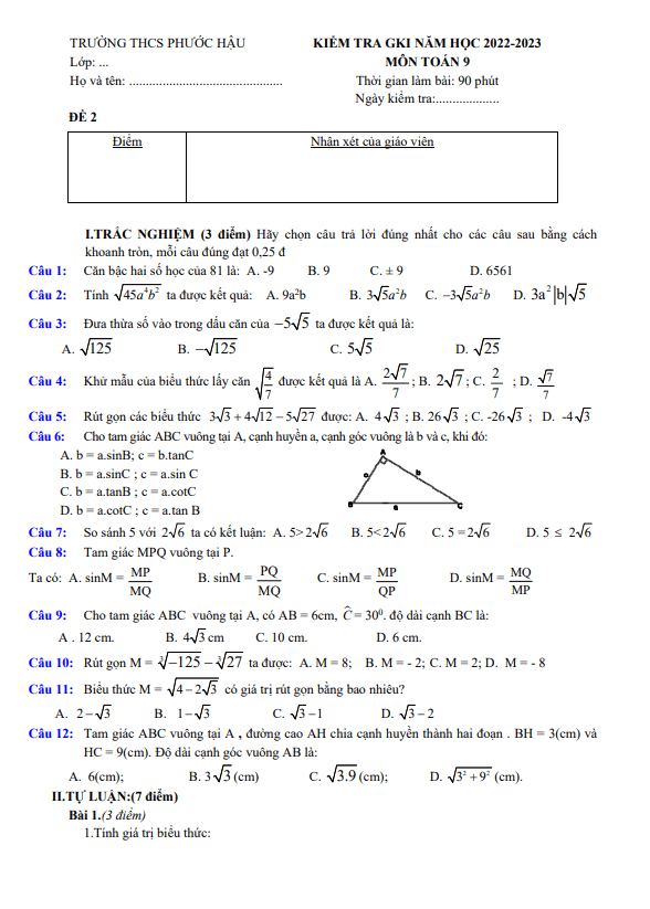 Đề thi giữa học kì 1 (HK1) lớp 9 môn Toán năm 2022 2023 trường THCS Phước Hậu Vĩnh Long