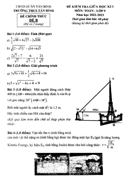Đề thi giữa học kì 1 (HK1) lớp 9 môn Toán năm 2022 2023 trường THCS Tân Bình TP HCM