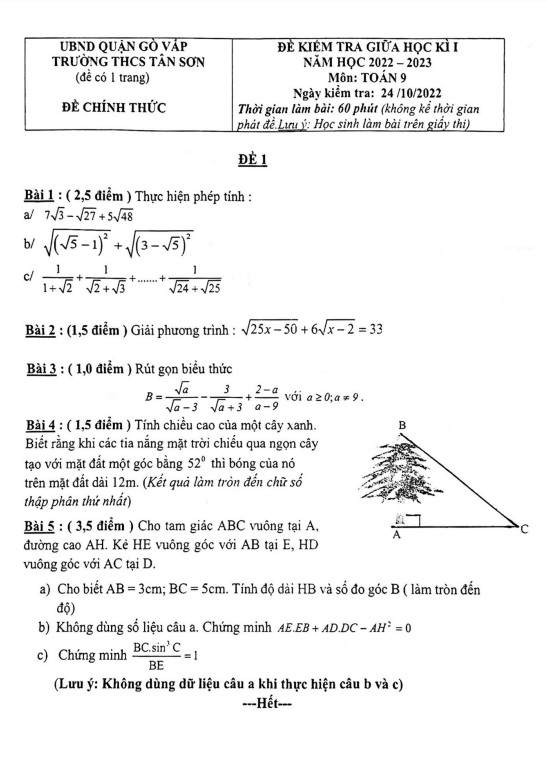 Đề thi giữa học kì 1 (HK1) lớp 9 môn Toán năm 2022 2023 trường THCS Tân Sơn TP HCM