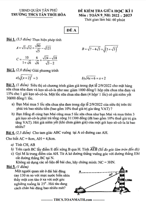 Đề thi giữa học kì 1 (HK1) lớp 9 môn Toán năm 2022 2023 trường THCS Tân Thới Hòa TP HCM
