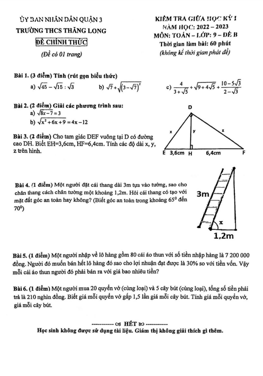 Đề thi giữa học kì 1 (HK1) lớp 9 môn Toán năm 2022 2023 trường THCS Thăng Long TP HCM