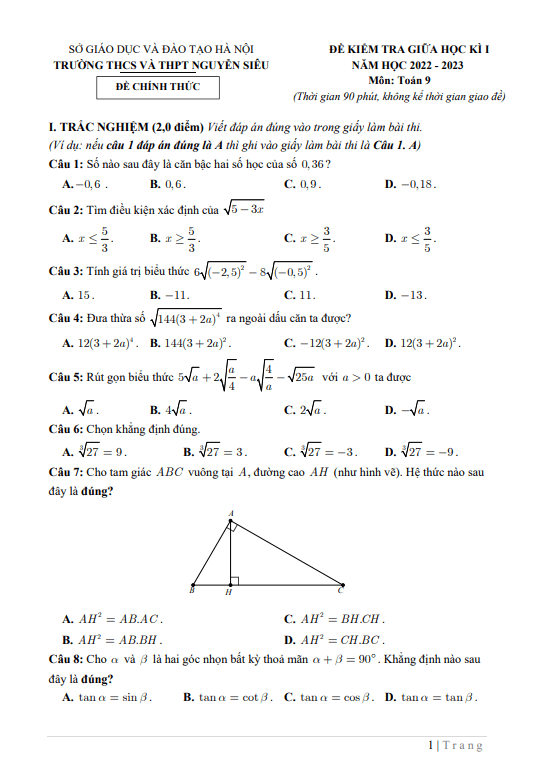 Đề thi giữa học kì 1 (HK1) lớp 9 môn Toán năm 2022 2023 trường THCS THPT Nguyễn Siêu Hà Nội