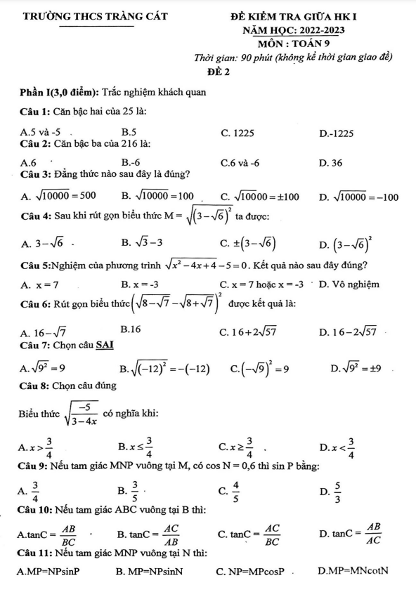Đề thi giữa học kì 1 (HK1) lớp 9 môn Toán năm 2022 2023 trường THCS Tràng Cát Hải Phòng
