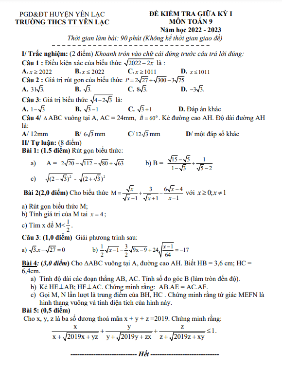Đề thi giữa học kì 1 (HK1) lớp 9 môn Toán năm 2022 2023 trường THCS TT Yên Lạc Vĩnh Phúc