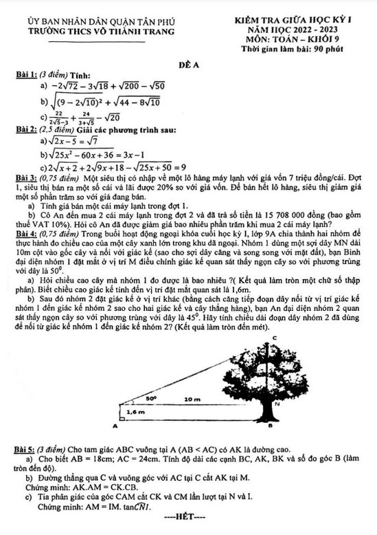 Đề thi giữa học kì 1 (HK1) lớp 9 môn Toán năm 2022 2023 trường THCS Võ Thành Trang TP HCM