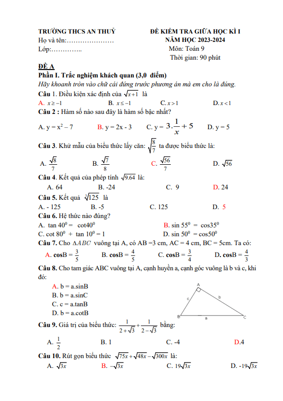 Đề thi giữa học kì 1 (HK1) lớp 9 môn Toán năm 2023 2024 trường THCS An Thủy Quảng Bình