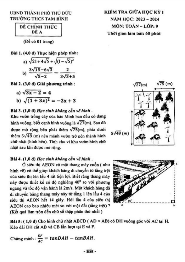 Đề thi giữa học kì 1 (HK1) lớp 9 môn Toán năm 2023 2024 trường THCS Tam Bình TP HCM