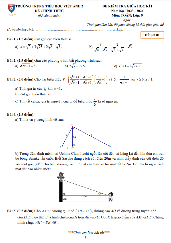 Đề thi giữa học kì 1 (HK1) lớp 9 môn Toán năm 2023 2024 trường Việt Anh 2 Bình Dương