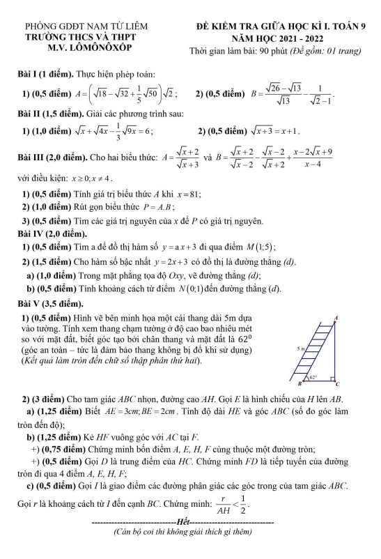 Đề thi giữa học kì 1 (HK1) Toán 9 năm 2021 2022 trường M.V. Lômônôxốp Hà Nội