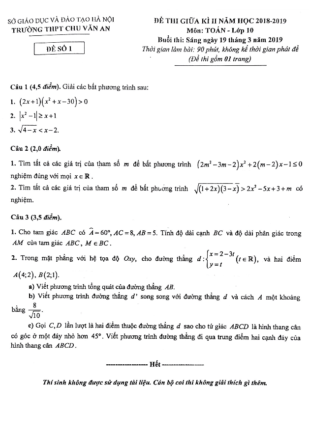 Đề thi giữa học kì 2 (HK2) lớp 10 môn Toán năm 2018 2019 trường Chu Văn An Hà Nội