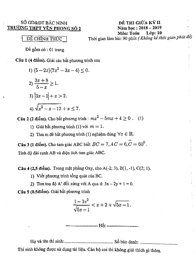 Đề thi giữa học kì 2 (HK2) lớp 10 môn Toán năm 2018 2019 trường Yên Phong 2 Bắc Ninh