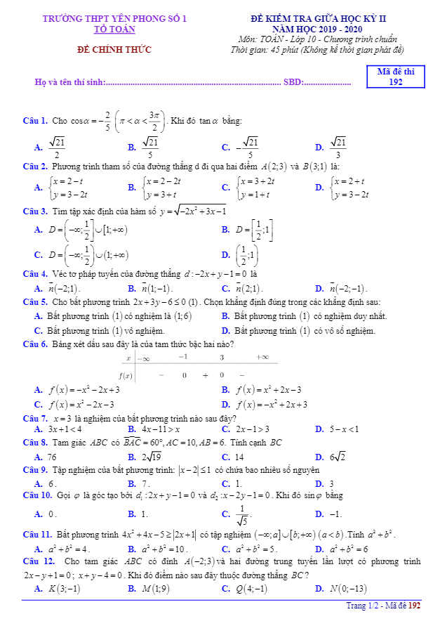 Đề thi giữa học kì 2 (HK2) lớp 10 môn Toán năm 2019 2020 trường THPT Yên Phong 1 Bắc Ninh