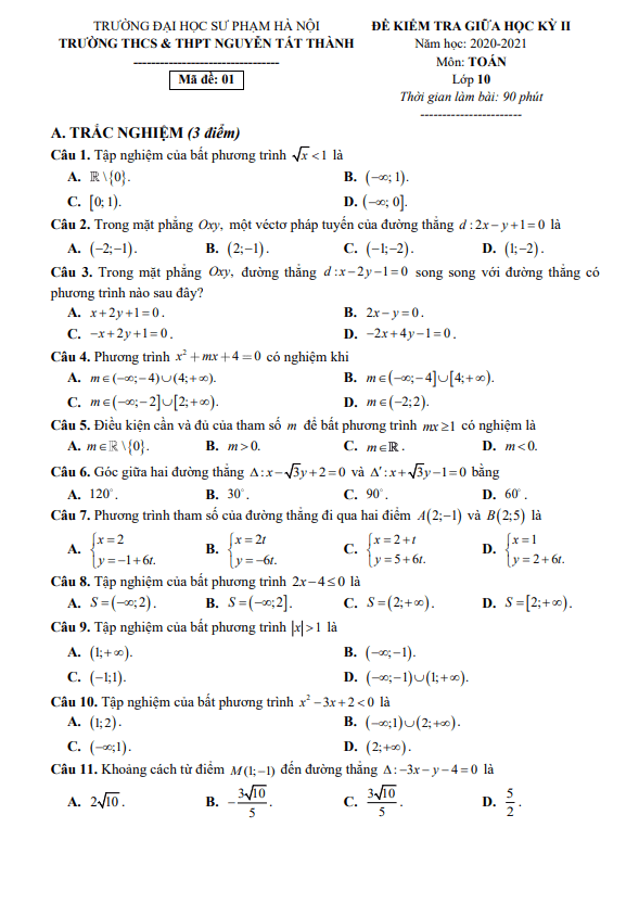 Đề thi giữa học kì 2 (HK2) lớp 10 môn Toán năm 2020 2021 trường Nguyễn Tất Thành Hà Nội