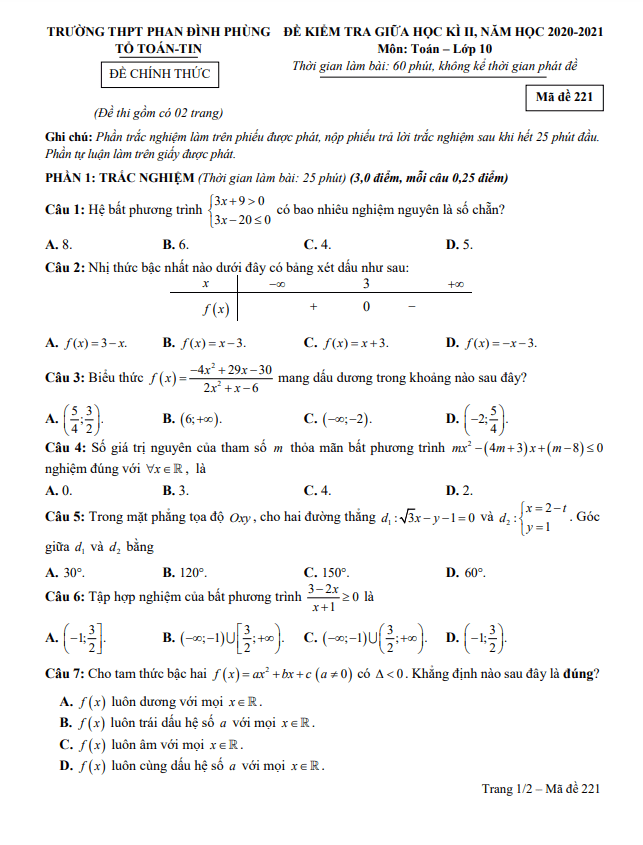 Đề thi giữa học kì 2 (HK2) lớp 10 môn Toán năm 2020 2021 trường Phan Đình Phùng Hà Nội