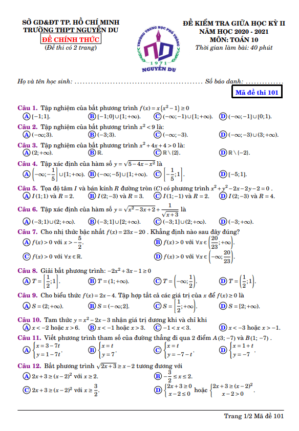 Đề thi giữa học kì 2 (HK2) lớp 10 môn Toán năm 2020 2021 trường THPT Nguyễn Du TP HCM