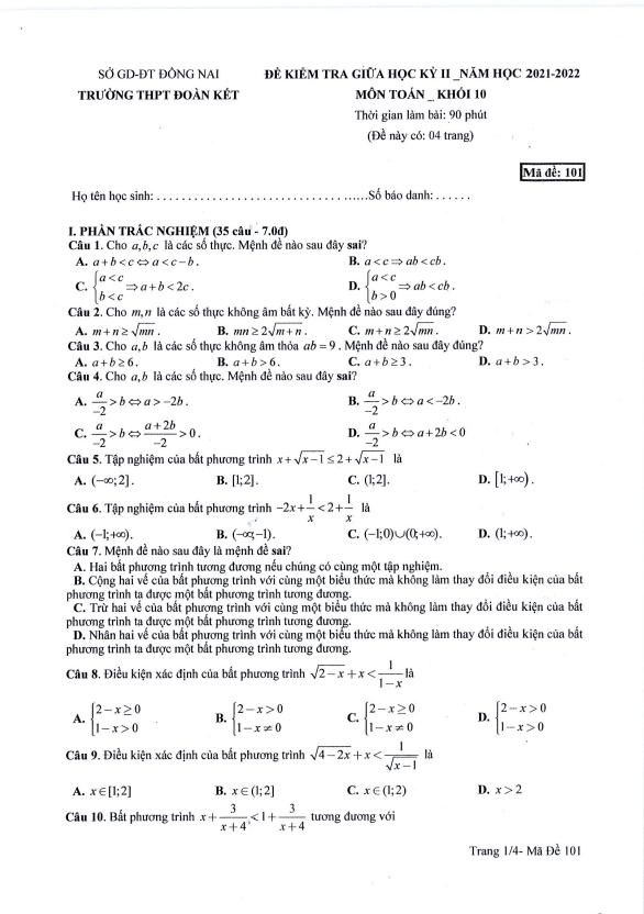 Đề thi giữa học kì 2 (HK2) lớp 10 môn Toán năm 2021 2022 trường THPT Đoàn Kết Đồng Nai