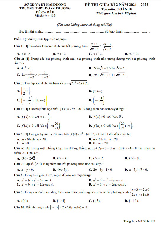 Đề thi giữa học kì 2 (HK2) lớp 10 môn Toán năm 2021 2022 trường THPT Đoàn Thượng Hải Dương