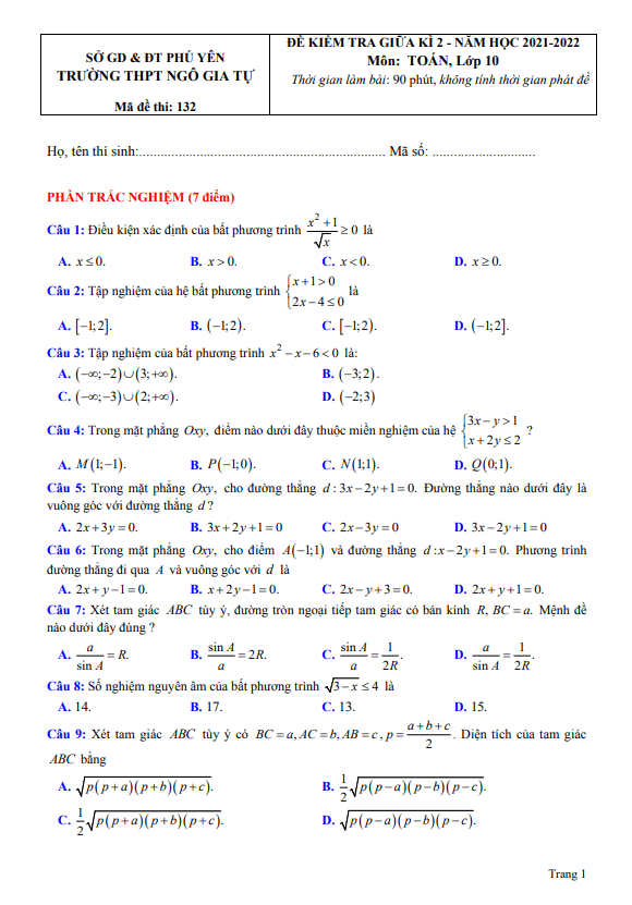 Đề thi giữa học kì 2 (HK2) lớp 10 môn Toán năm 2021 2022 trường THPT Ngô Gia Tự Phú Yên