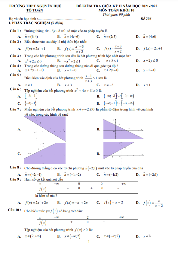 Đề thi giữa học kì 2 (HK2) lớp 10 môn Toán năm 2021 2022 trường THPT Nguyễn Huệ Đắk Lắk