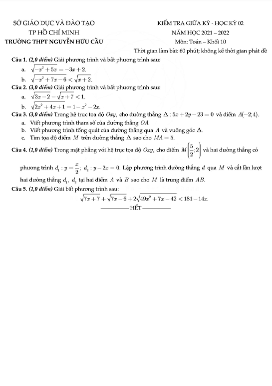 Đề thi giữa học kì 2 (HK2) lớp 10 môn Toán năm 2021 2022 trường THPT Nguyễn Hữu Cầu TP HCM