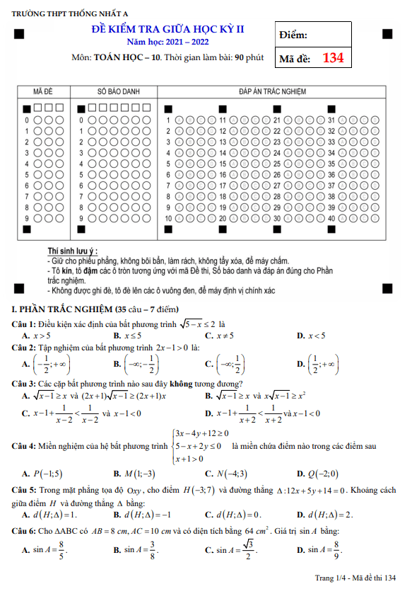 Đề thi giữa học kì 2 (HK2) lớp 10 môn Toán năm 2021 2022 trường THPT Thống Nhất A Đồng Nai