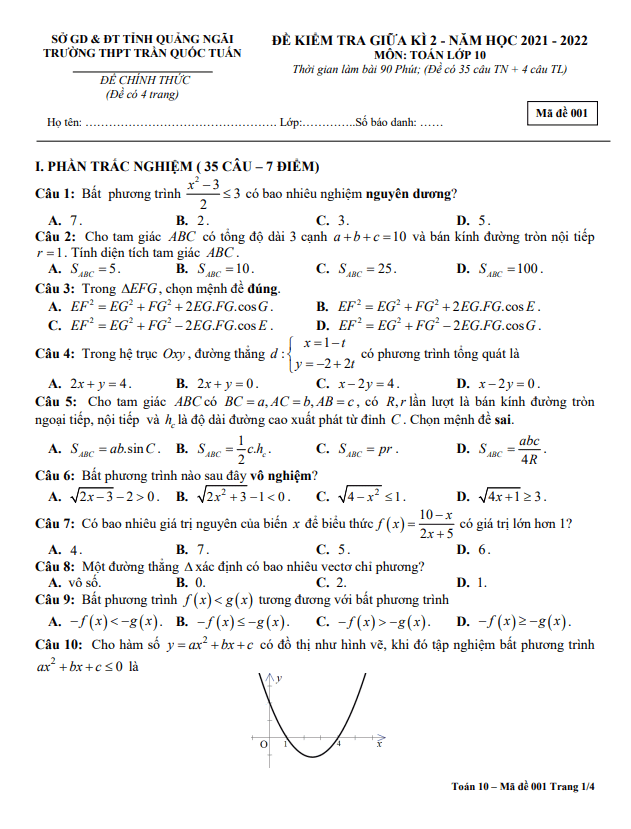 Đề thi giữa học kì 2 (HK2) lớp 10 môn Toán năm 2021 2022 trường THPT Trần Quốc Tuấn Quảng Ngãi