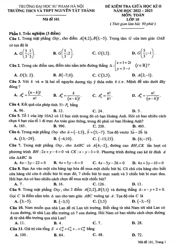 Đề thi giữa học kì 2 (HK2) lớp 10 môn Toán năm 2022 2023 trường Nguyễn Tất Thành Hà Nội