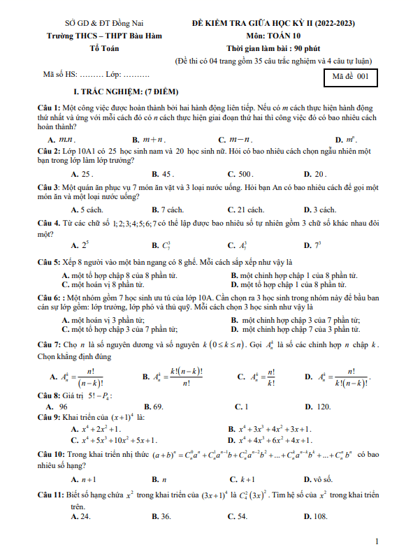 Đề thi giữa học kì 2 (HK2) lớp 10 môn Toán năm 2022 2023 trường THCS THPT Bàu Hàm Đồng Nai