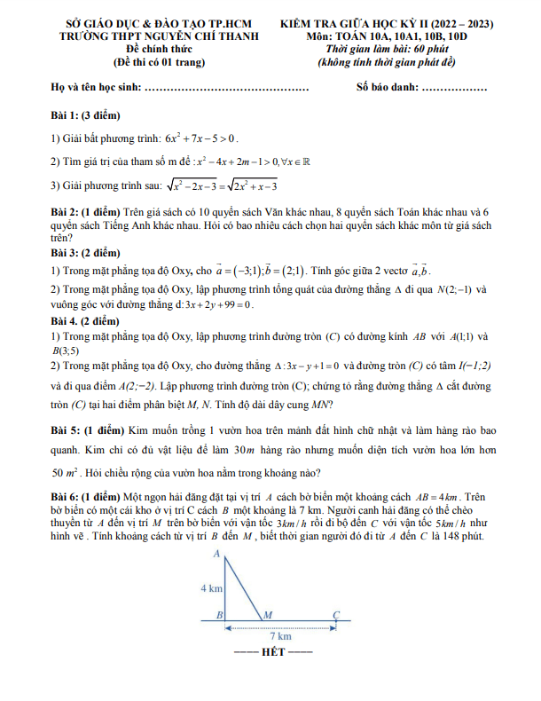 Đề thi giữa học kì 2 (HK2) lớp 10 môn Toán năm 2022 2023 trường THPT Nguyễn Chí Thanh TP HCM