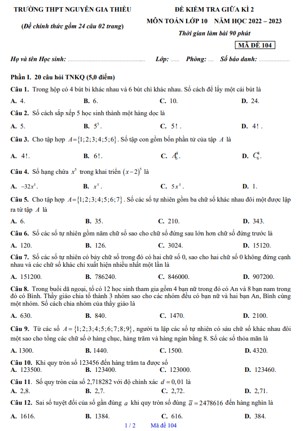 Đề thi giữa học kì 2 (HK2) lớp 10 môn Toán năm 2022 2023 trường THPT Nguyễn Gia Thiều Hà Nội