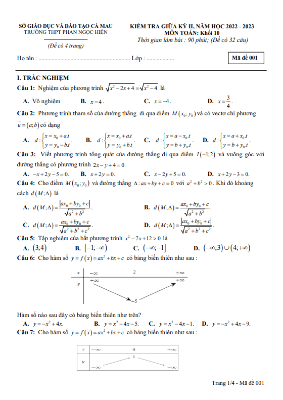 Đề thi giữa học kì 2 (HK2) lớp 10 môn Toán năm 2022 2023 trường THPT Phan Ngọc Hiển Cà Mau
