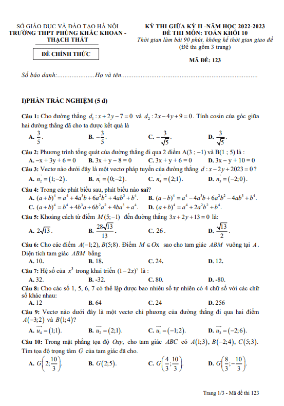 Đề thi giữa học kì 2 (HK2) lớp 10 môn Toán năm 2022 2023 trường THPT Phùng Khắc Khoan Hà Nội
