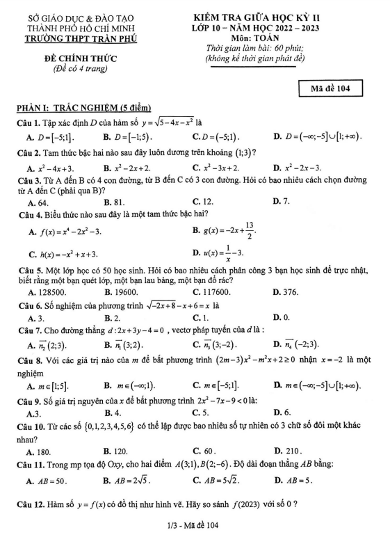 Đề thi giữa học kì 2 (HK2) lớp 10 môn Toán năm 2022 2023 trường THPT Trần Phú TP HCM