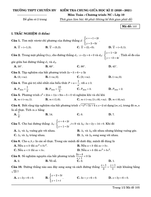 Đề thi giữa học kì 2 (HK2) lớp 10 môn Toán NC năm 2020 2021 trường chuyên Hùng Vương Bình Dương