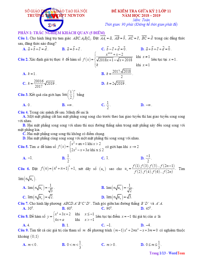 Đề thi giữa học kì 2 (HK2) lớp 11 môn Toán năm 2018 2019 trường Newton Hà Nội