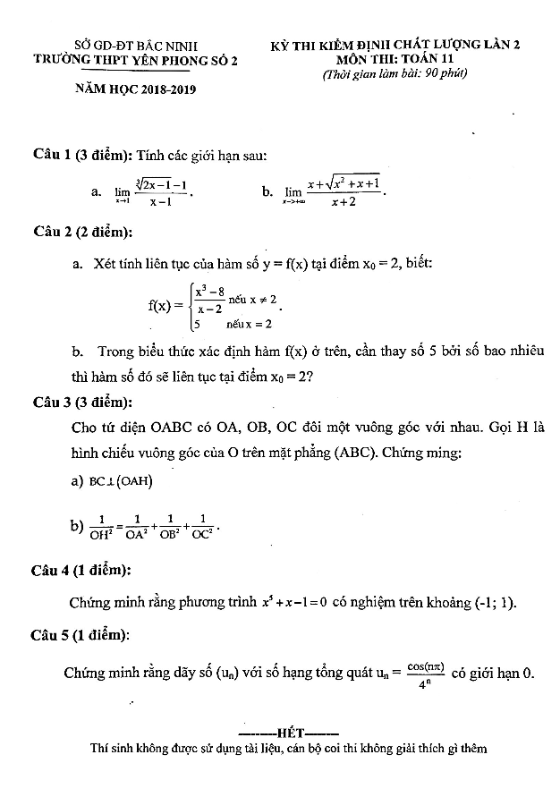 Đề thi giữa học kì 2 (HK2) lớp 11 môn Toán năm 2018 – 2019 trường Yên Phong 2 – Bắc Ninh