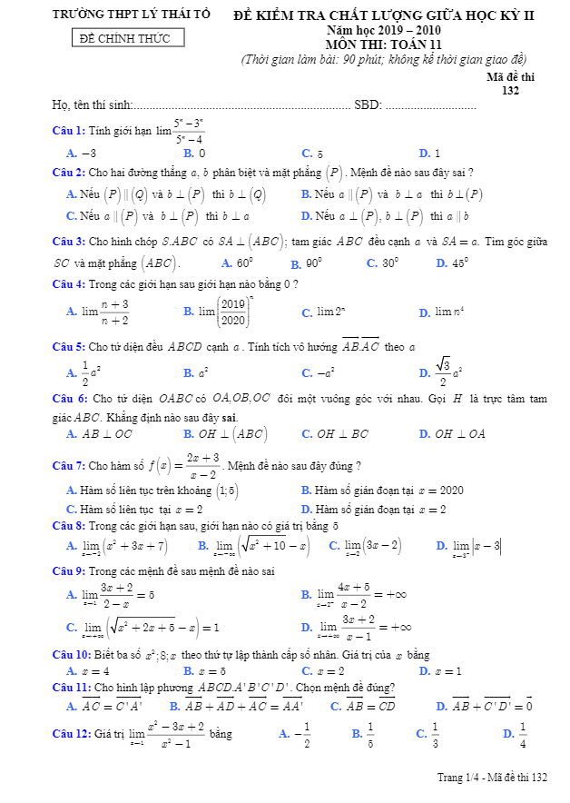 Đề thi giữa học kì 2 (HK2) lớp 11 môn Toán năm 2019 2020 trường THPT Lý Thái Tổ Bắc Ninh