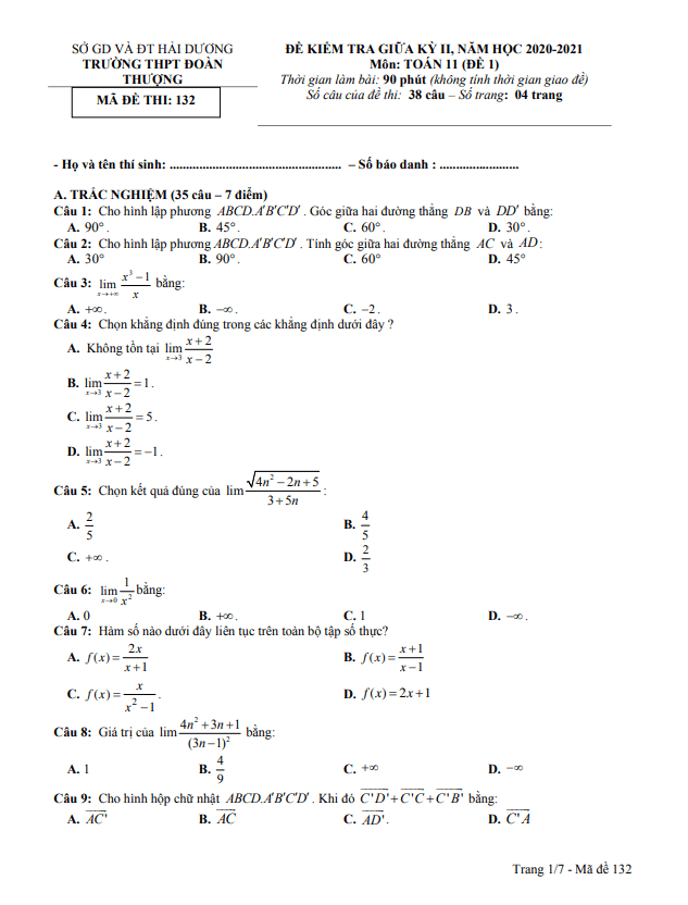 Đề thi giữa học kì 2 (HK2) lớp 11 môn Toán năm 2020 2021 trường Đoàn Thượng Hải Dương