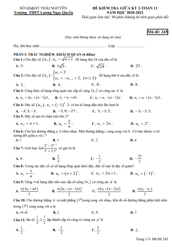 Đề thi giữa học kì 2 (HK2) lớp 11 môn Toán năm 2020 2021 trường Lương Ngọc Quyến Thái Nguyên