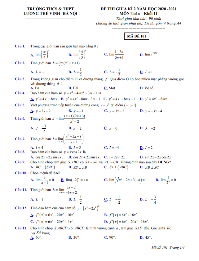 Đề thi giữa học kì 2 (HK2) lớp 11 môn Toán năm 2020 2021 trường Lương Thế Vinh Hà Nội