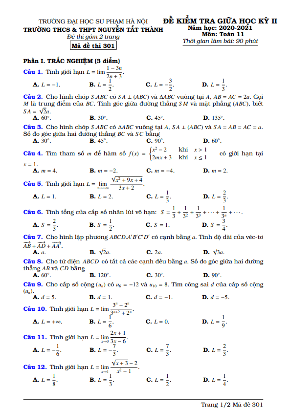 Đề thi giữa học kì 2 (HK2) lớp 11 môn Toán năm 2020 2021 trường Nguyễn Tất Thành Hà Nội