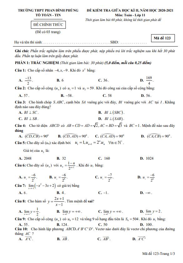 Đề thi giữa học kì 2 (HK2) lớp 11 môn Toán năm 2020 2021 trường Phan Đình Phùng Hà Nội