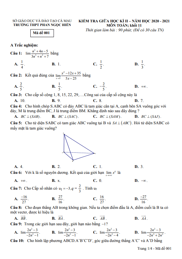Đề thi giữa học kì 2 (HK2) lớp 11 môn Toán năm 2020 2021 trường Phan Ngọc Hiển Cà Mau