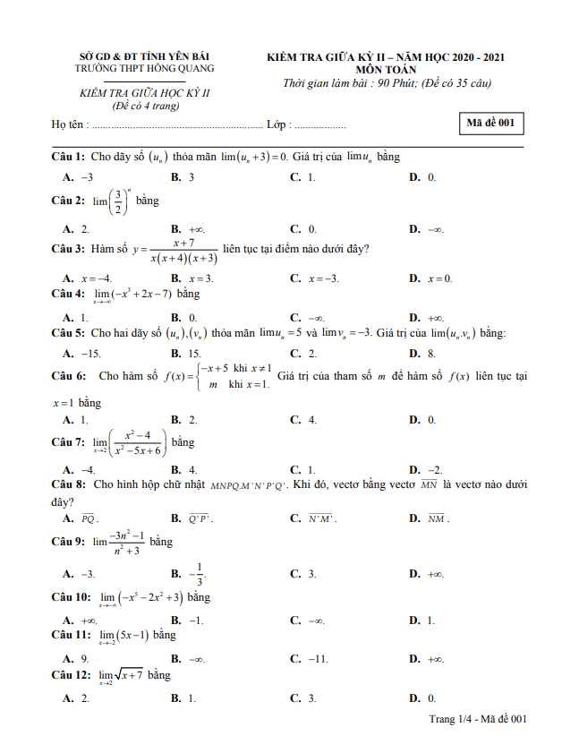 Đề thi giữa học kì 2 (HK2) lớp 11 môn Toán năm 2020 2021 trường THPT Hồng Quang Yên Bái