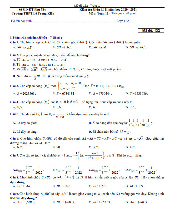 Đề thi giữa học kì 2 (HK2) lớp 11 môn Toán năm 2020 2021 trường THPT Lê Trung Kiên Phú Yên