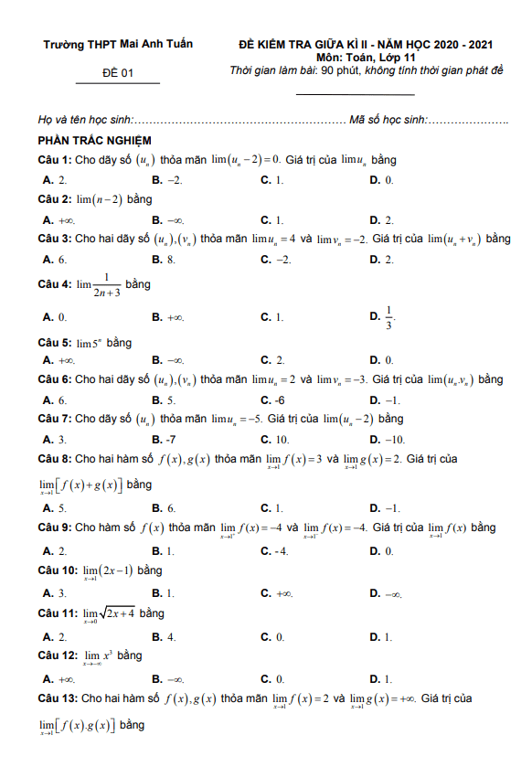 Đề thi giữa học kì 2 (HK2) lớp 11 môn Toán năm 2020 2021 trường THPT Mai Anh Tuấn Thanh Hóa