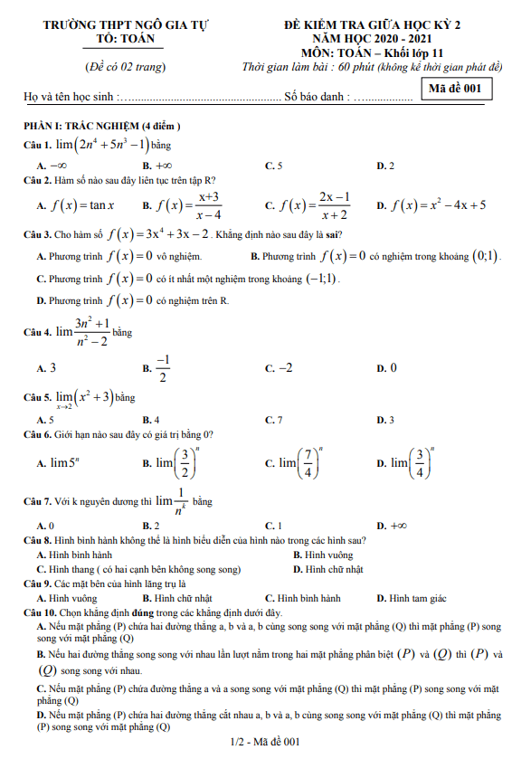Đề thi giữa học kì 2 (HK2) lớp 11 môn Toán năm 2020 2021 trường THPT Ngô Gia Tự Đắk Lắk