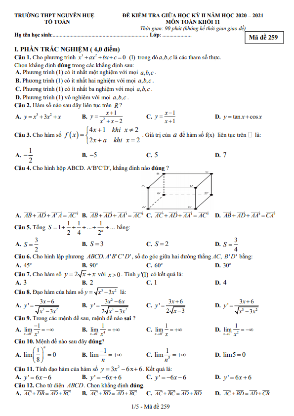Đề thi giữa học kì 2 (HK2) lớp 11 môn Toán năm 2020 2021 trường THPT Nguyễn Huệ Đắk Lắk