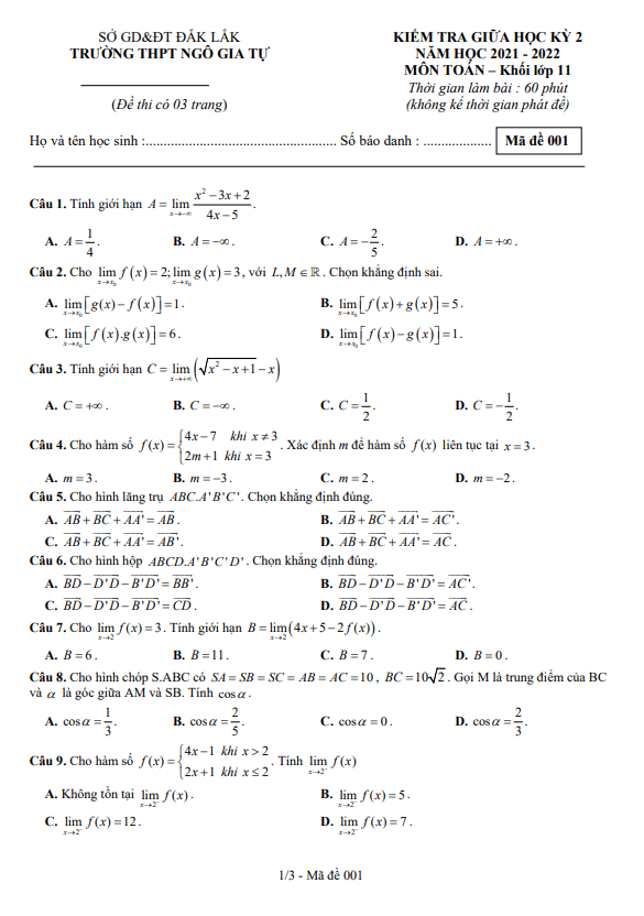 Đề thi giữa học kì 2 (HK2) lớp 11 môn Toán năm 2021 2022 trường THPT Ngô Gia Tự Đắk Lắk