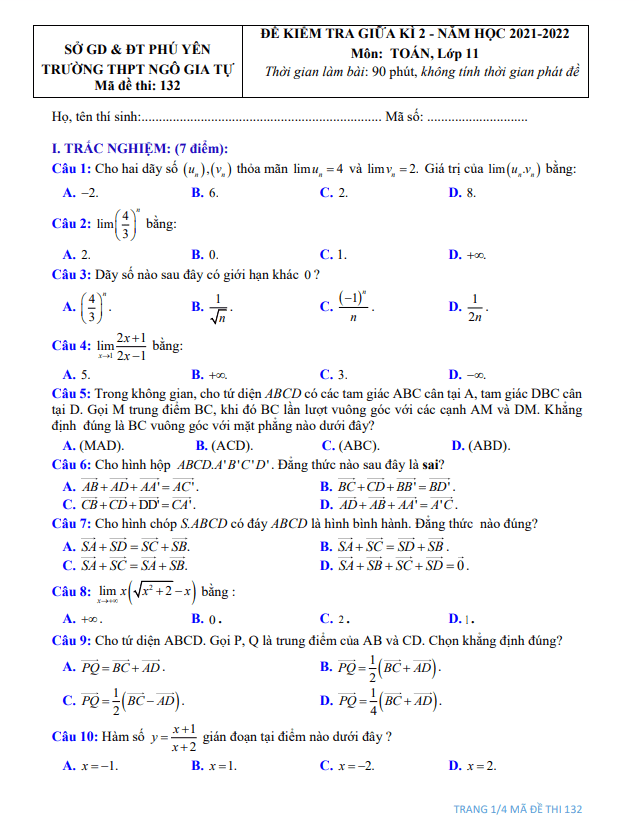 Đề thi giữa học kì 2 (HK2) lớp 11 môn Toán năm 2021 2022 trường THPT Ngô Gia Tự Phú Yên